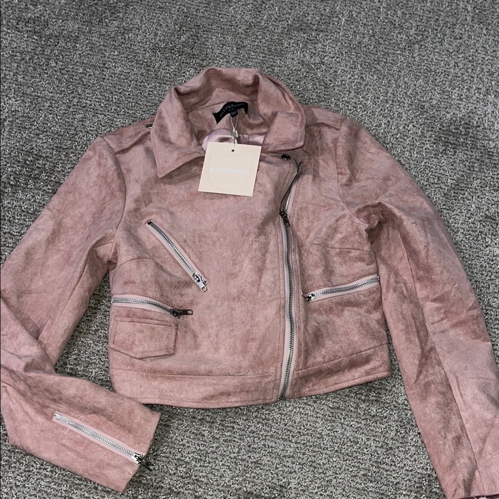 Kittenish Pink Leather Motorcycle Jacket Asymmetrical Design